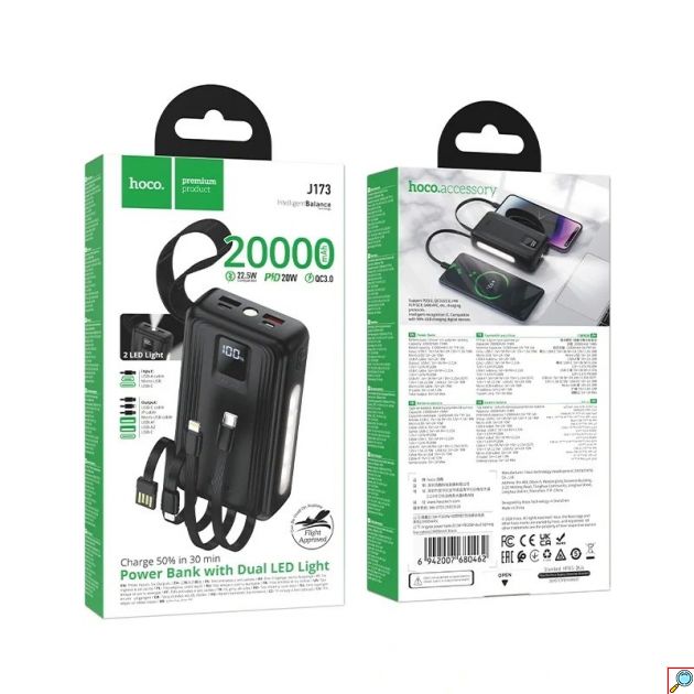 Power Bank 20000mAh – Ταχεία Φόρτιση 22.5W - Ενσωματωμένα Καλώδια, Power Delivery, LED Οθόνη & Φακός, 2x USB-A