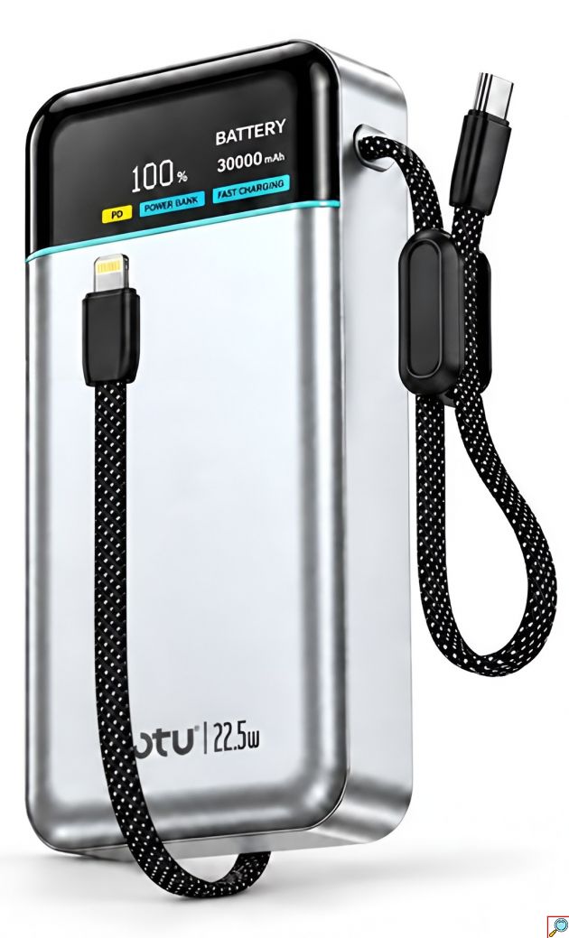 Power Bank 30000mAh - Γρήγορη Φόρτιση 22.5W, Διπλά Ενσωματωμένα Καλώδια και Ψηφιακή Οθόνη