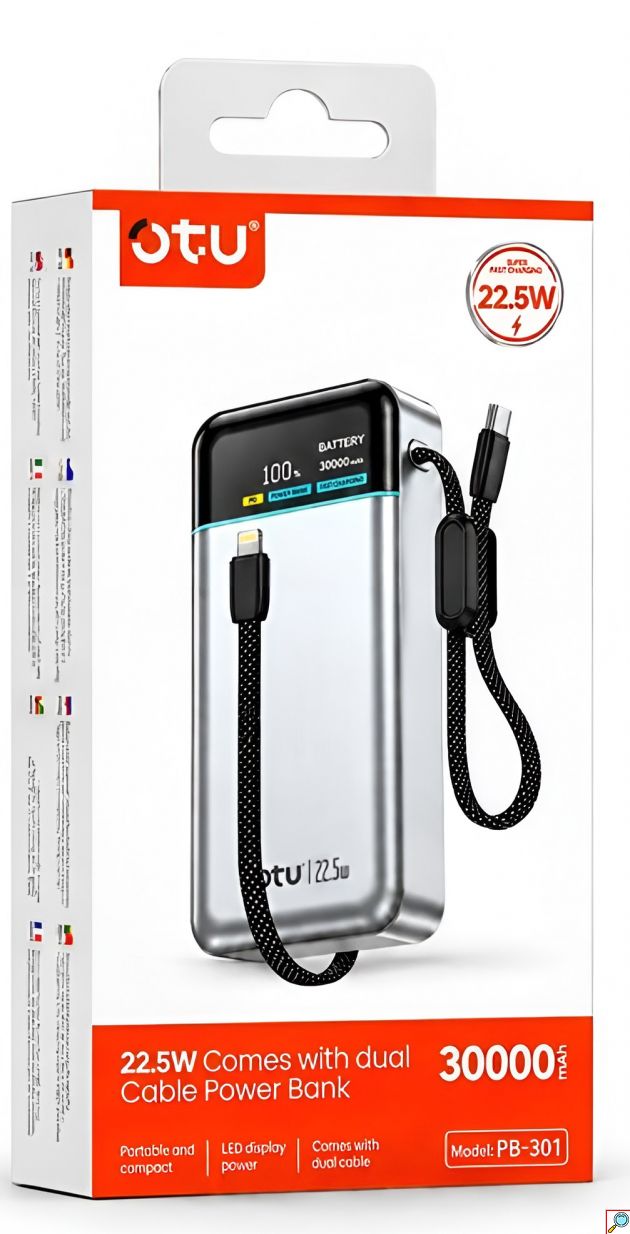Power Bank 30000mAh - Γρήγορη Φόρτιση 22.5W, Διπλά Ενσωματωμένα Καλώδια και Ψηφιακή Οθόνη