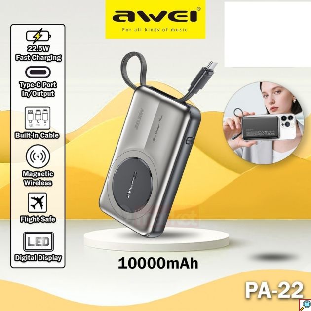Power Bank Awei – Μαγνητική Ασύρματη Φόρτιση 10000mAh με Ενσωματωμένο Καλώδιο και Οθόνη LED