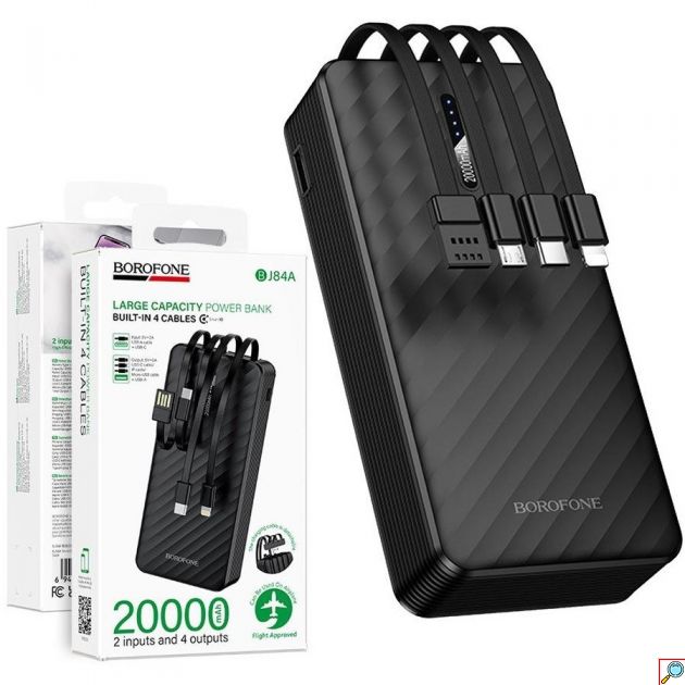Power Bank 20000mAh με 4 Ενσωματωμένα Καλώδια USB-C, Lightning, Micro USB & USB-A, Μαύρο