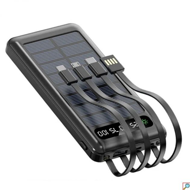 Power Bank με Ηλιακή Φόρτιση 10000mAh - 4-in-1 Καλώδιο, LED Οθόνη και Φακός