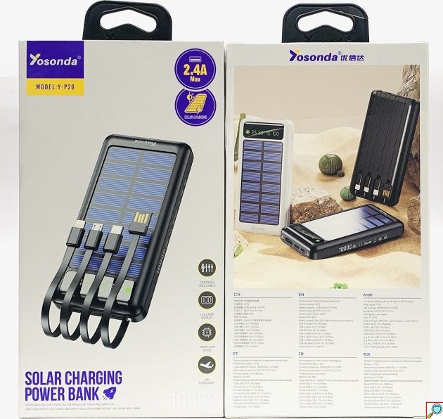 Power Bank με Ηλιακή Φόρτιση 10000mAh - 4-in-1 Καλώδιο, LED Οθόνη και Φακός