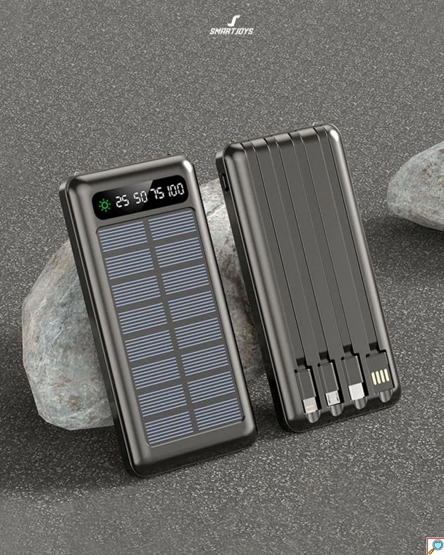 Power Bank με Ηλιακή Φόρτιση 10000mAh - 4-in-1 Καλώδιο, LED Οθόνη και Φακός