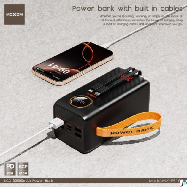 Power Bank 50000mAh - Γρήγορη Φόρτιση PD 20W & SCP 22.5W, LCD Οθόνη, Πολλαπλές Θύρες Και Ενσωματωμένα Καλώδια