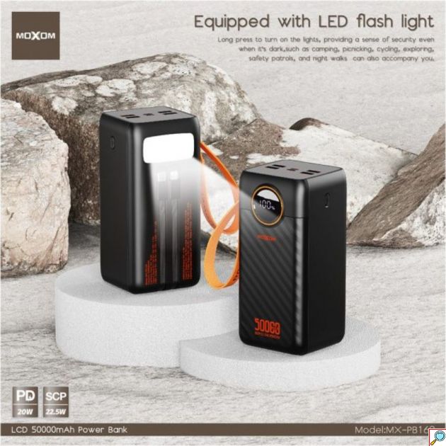 Power Bank 50000mAh - Γρήγορη Φόρτιση PD 20W & SCP 22.5W, LCD Οθόνη, Πολλαπλές Θύρες Και Ενσωματωμένα Καλώδια