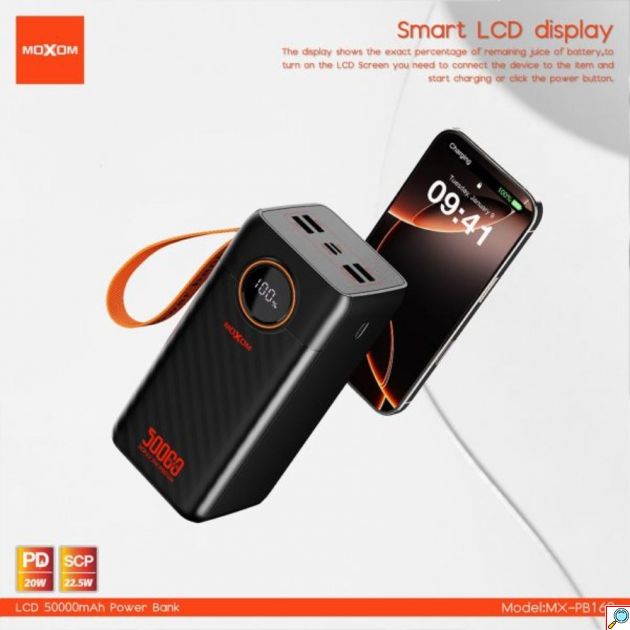 Power Bank 50000mAh - Γρήγορη Φόρτιση PD 20W & SCP 22.5W, LCD Οθόνη, Πολλαπλές Θύρες Και Ενσωματωμένα Καλώδια