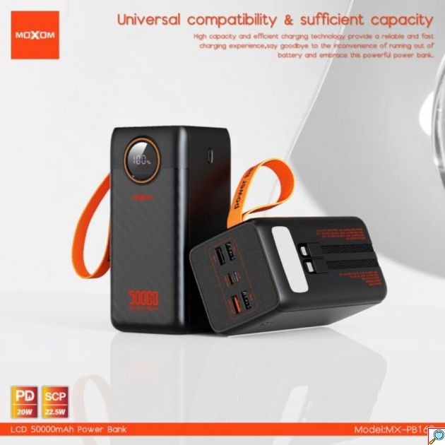 Power Bank 50000mAh - Γρήγορη Φόρτιση PD 20W & SCP 22.5W, LCD Οθόνη, Πολλαπλές Θύρες Και Ενσωματωμένα Καλώδια