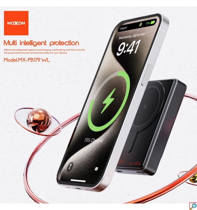 Power Bank 10000mAh - PD20W, Ασύρματη Φόρτιση 15W και Ενσωματωμένο Καλώδιο USB-C