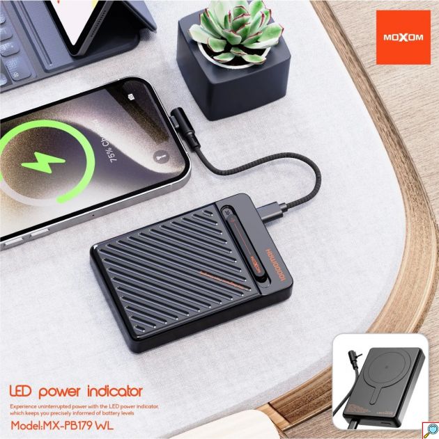 Power Bank 10000mAh - PD20W, Ασύρματη Φόρτιση 15W και Ενσωματωμένο Καλώδιο USB-C