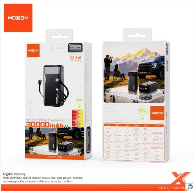 Power Bank 30000mAh - Γρήγορη Φόρτιση 22.5W, Ψηφιακή Οθόνη και Ενσωματωμένα Καλώδια