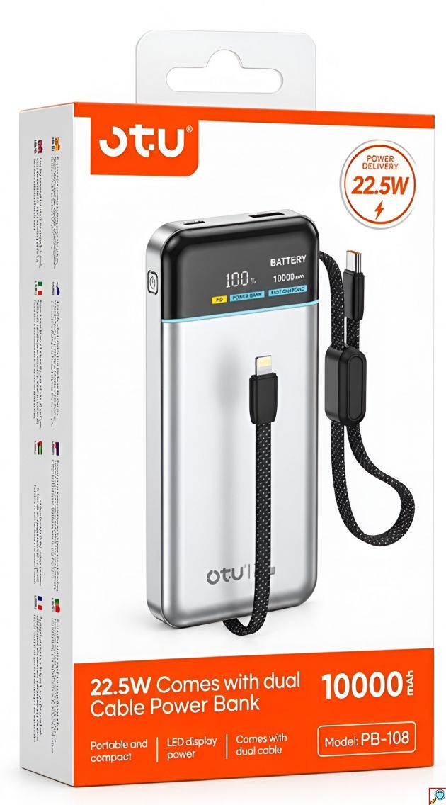 Power Bank 10000mAh - Γρήγορη φόρτιση 22.5W, Ενσωματωμένα Διπλά Καλώδια και Ψηφιακή Οθόνη LED