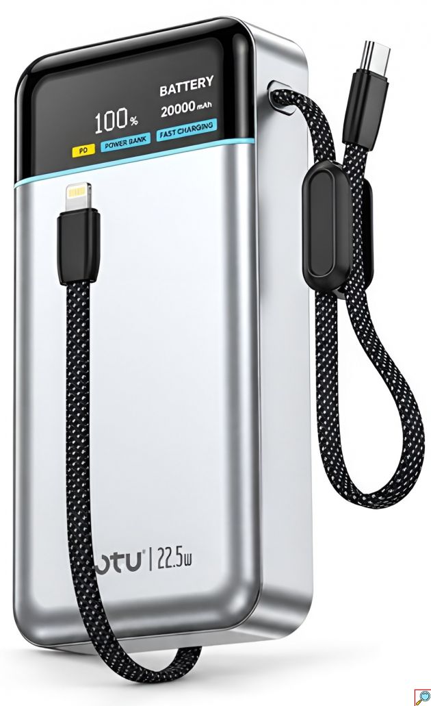 Power Bank 20000mAh με Γρήγορη Φόρτιση 22.5W - Ενσωματωμένα Καλώδια & Ψηφιακή Οθόνη LED