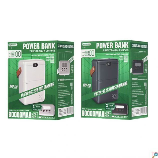 Power Bank REMAX 80000mAh – Γρήγορη Φόρτιση 27W PD και 22.5W QC - 4 Συσκευές, LED Οθόνη, Μεγάλη Χωρητικότητα