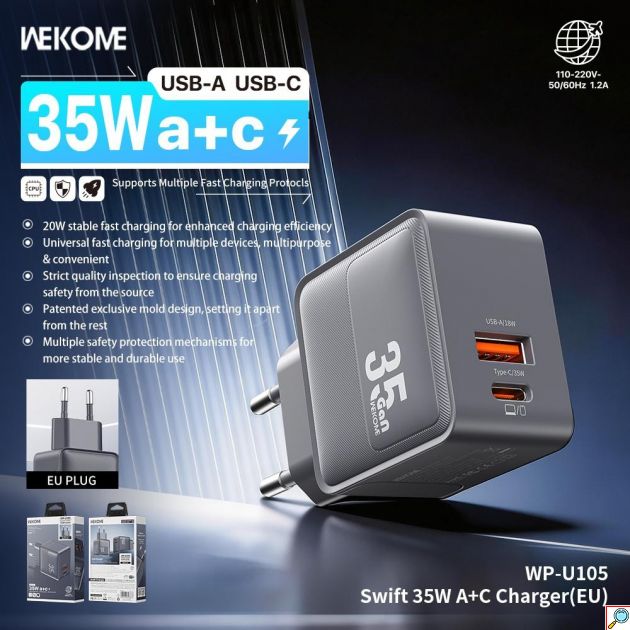 Φορτιστής GaN 35W - USB-A + USB-C, PD/PPS Fast Charging, EU Plug