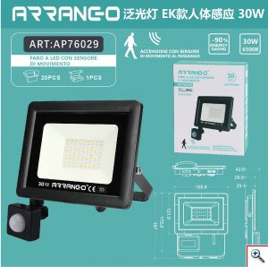 ARRANGO® LED Αδιάβροχος Προβολέας 30W Εξωτερικού Χώρου Ψυχρού Φωτισμού με Αισθητήρα Κίνησης