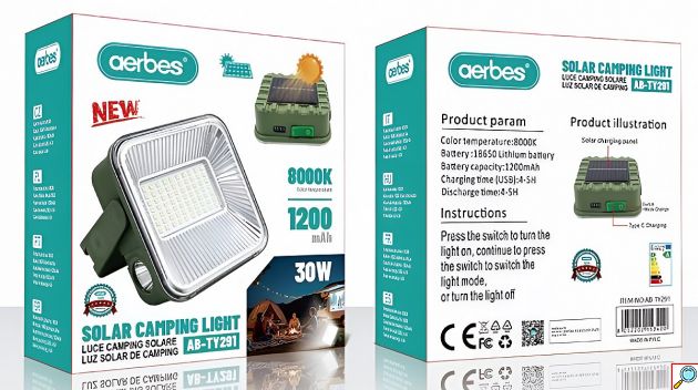 Ηλιακός Προβολέας LED 30W - Φορητός, Επαναφορτιζόμενος 1200mAh για Κάμπινγκ, 8000K