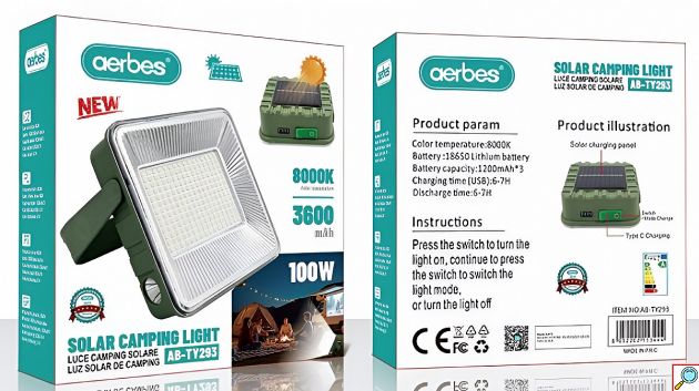 Ηλιακός Προβολέας LED 100W - Φορητός Φωτισμός για Κάμπινγκ, Ηλιακή Φόρτιση, 3600mAh, 8000K