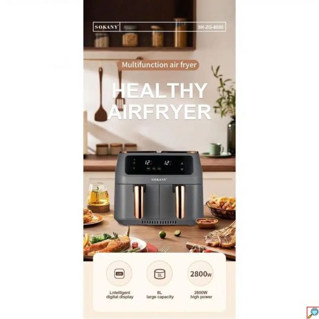 Ψηφιακή Φριτέζα Αέρος Sokany Air Fryer 8lt RAF 1500W με 2 Αποσπώμενα Καλάθια