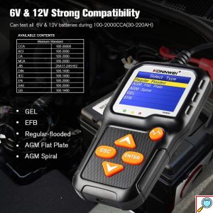 Ψηφιακό Battery Tester 6V/12V με Κροκοδειλάκια – Για Αυτοκίνητα, Μηχανές & Μπαταρίες AGM/GEL - Konnwei
