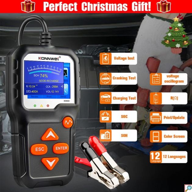 Ψηφιακό Battery Tester 6V/12V με Κροκοδειλάκια – Για Αυτοκίνητα, Μηχανές & Μπαταρίες AGM/GEL - Konnwei