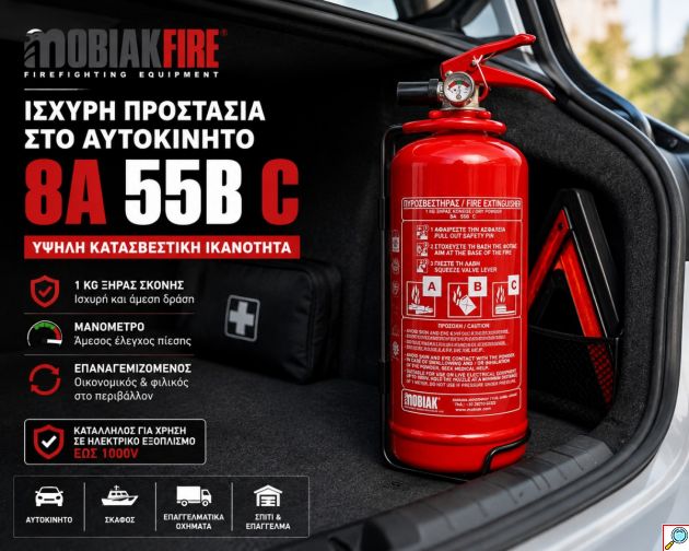 Πυροσβεστήρας Ξηράς Σκόνης MOBIAK 1kg με Μανόμετρο – Υψηλή Κατασβεστική Ικανότητα 8A 55B C – Επαναγεμιζόμενος