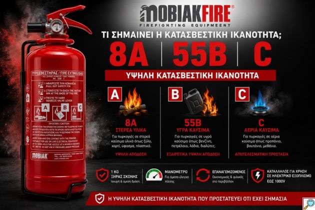 Πυροσβεστήρας Ξηράς Σκόνης MOBIAK 1kg με Μανόμετρο – Υψηλή Κατασβεστική Ικανότητα 8A 55B C – Επαναγεμιζόμενος