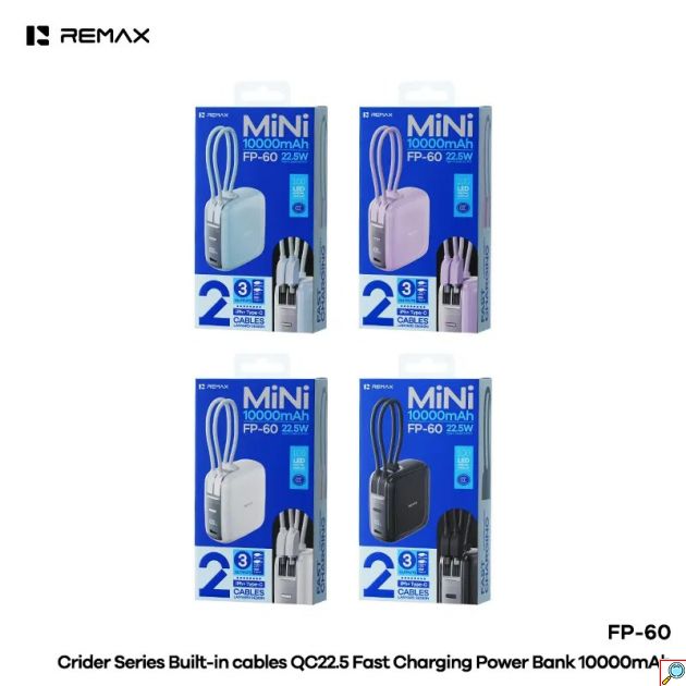Remax Power Bank 10000mAh – Γρήγορη Φόρτιση 22.5W με Ενσωματωμένα Καλώδια USB-C και Lightning