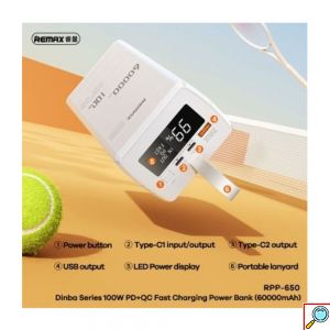 Remax Power Bank 60000mAh με Γρήγορη Φόρτιση PD100W – Λευκό