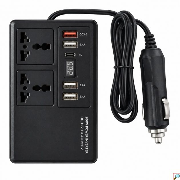 Μετατροπέας Ρεύματος Αυτοκινήτου 200W – Inverter 12V σε 220V με 2 Πρίζες, 4 USB & Type-C PD - QC3.0, Οθόνη LED, Για Laptop, Smartphone