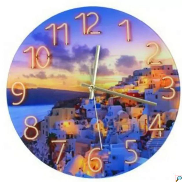 Ρολόι Τοίχου Quartz Διαμέτρου 30cm με Αριθμούς και Ταπετσαρία Κυκλαδίτικο Νησί