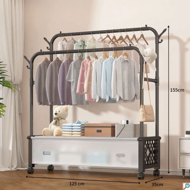 Κρεμάστρα Ρούχων Διπλή με Ρόδες 125x35x155cm – Μεταλλική με Ράφι - Εύκολη Μετακίνηση, Πλαϊνά Άγκιστρα & Αποθηκευτικός Χώρος