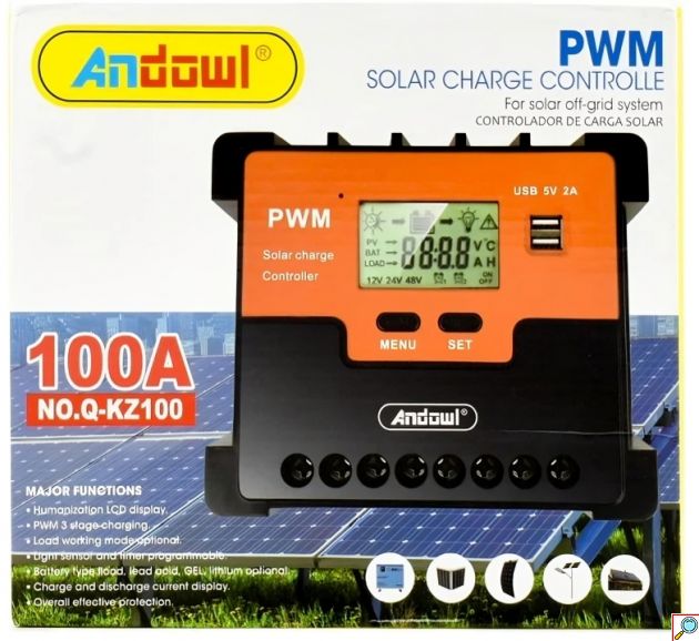 Ρυθμιστής Φόρτισης Φωτοβολταϊκών Πάνελ PMW 100A 12-24V με 2 Θύρες USB - Andowl