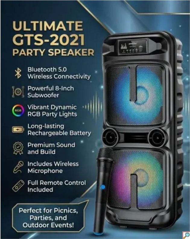 Φορητό Ηχείο Bluetooth 8″ – Karaoke Party Speaker με RGB Φωτισμό - Ασύρματο Μικρόφωνο, TWS, USB/SD, 15-20W, Τηλεχειριστήριο