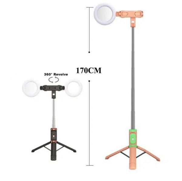 Selfie Stick Bluetooth 2 σε 1 Selfie-Stick που γίνεται και Τρίποδη Βάση Κινητού με Τηλεχειριστήριο και Φως Ροζ Χρώμα 