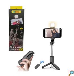 Selfie Stick και Βάση Τρίποδου 2 σε 1 Μαύρο με Τηλεχειριστήριο και Φλας-Andowl 