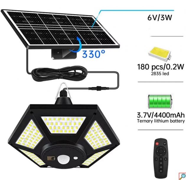 Σετ 2 Τεμαχίων Αδιάβροχο Ηλιακό Φωτιστικό 360 Led Λευκού Φωτισμού - 6000K - με Ανίχνευση Κίνησης και Τηλεχειριστήριο