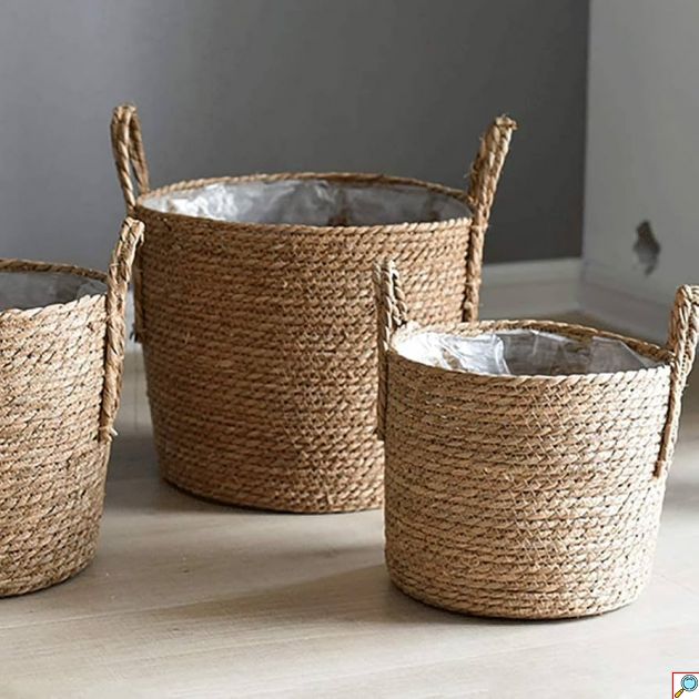 Πλεκτά Διακοσμητικά Καλάθια Grass Basket Σετ 3 τμχ – Φυσικό Ύφασμα & Χειρολαβές | SDS-29395