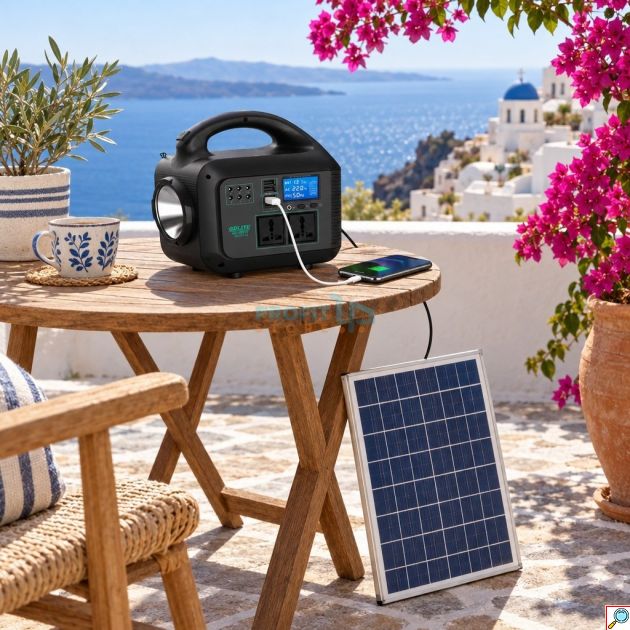 Σετ Ηλιακός Σταθμός Ενέργειας 150W με Ηλιακό Πάνελ 30W, Φορητός, Μπαταρία LiFePO4, 2 Πρίζες 220V, USB, 3 Λάμπες LED, Φακός, για Κάμπινγκ και Διακοπές Ρεύματος