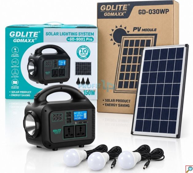 Σετ Ηλιακός Σταθμός Ενέργειας 150W με Ηλιακό Πάνελ 30W, Φορητός, Μπαταρία LiFePO4, 2 Πρίζες 220V, USB, 3 Λάμπες LED, Φακός, για Κάμπινγκ και Διακοπές Ρεύματος