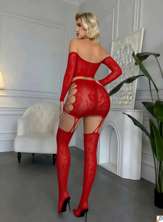 Σέξι Δικτυωτό Σετ Lingerie Crop Top Έξω από τους Ώμους και Ψηλόμεσο Σλιπ με Ζαρτιέρες και Κάλτσες, Μακρυμάνικο, Δαντέλα, One Size, Κόκκινο