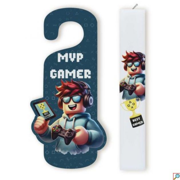 Σετ Πασχαλινή Λαμπάδα με Εκτύπωση ΄΄MVP Gamer΄΄ με Ξύλινο Καδράκι Πόρτας