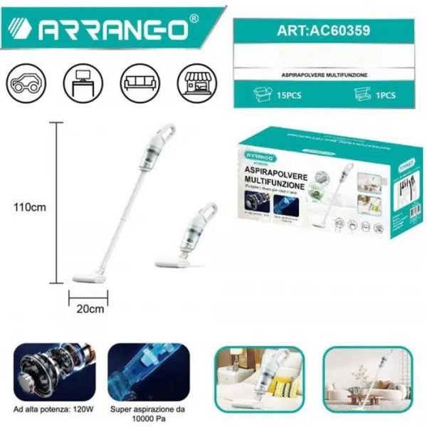 2 σε 1 Επαναφορτιζόμενη Σκούπα Stick και Χειρός 1200W Λευκή ARRANGO