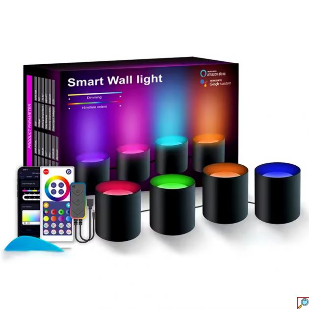 LED Wifi, RGB Επιτραπέζιο - Επιτοίχιο Διακοσμητικό Φωτιστικό σε Κυλινδρικό Σχήμα με Τηλεχειριστήριο και Ρυθμιζόμενα Χρώματα4τμχ Tuya Μαύρο