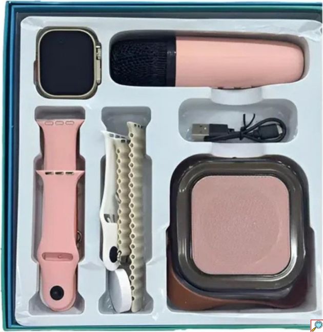 Smartwatch Σετ 7 σε 1 Ροζ – Με Ηχείο Bluetooth & Μικρόφωνο Karaoke - Δώρο Gadget για Παιδιά & Ενήλικες, 2 Λουράκια, Ασύρματη Φόρτιση