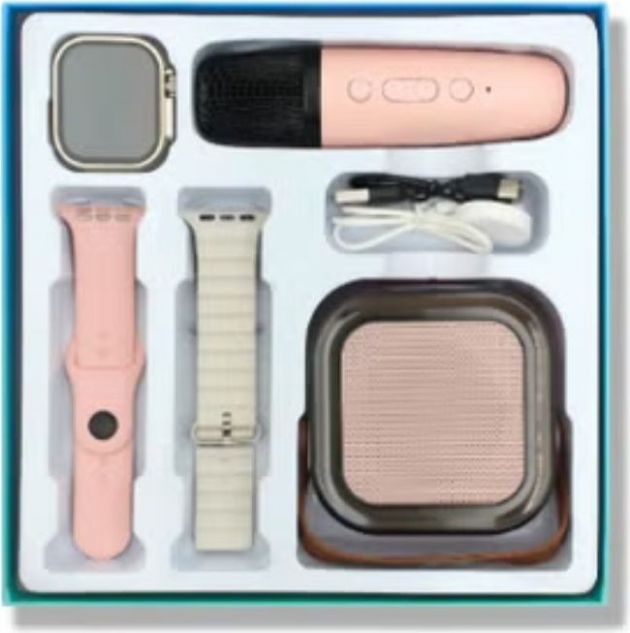 Smartwatch Σετ 7 σε 1 Ροζ – Με Ηχείο Bluetooth & Μικρόφωνο Karaoke - Δώρο Gadget για Παιδιά & Ενήλικες, 2 Λουράκια, Ασύρματη Φόρτιση