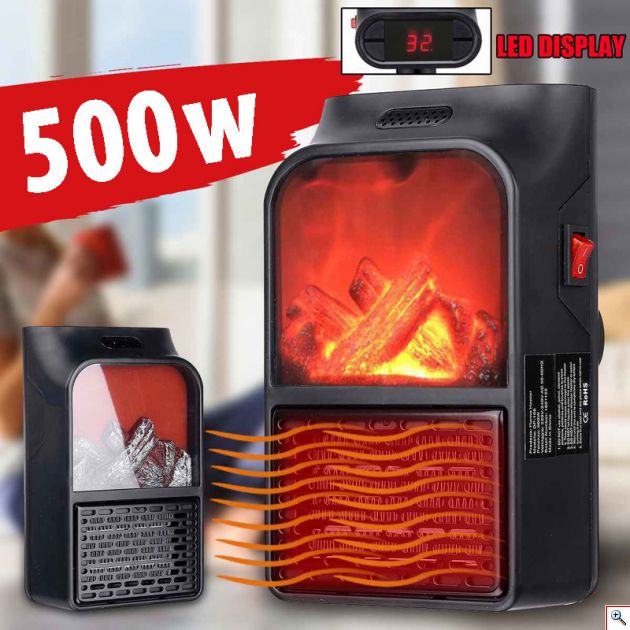 Μίνι Τζάκι Αερόθερμο με Εφέ Φλόγας - Σόμπα Πρίζας με Θερμοστάτη, Χρονοδιακόπτη, LED Οθόνη & Τηλεχειριστήριο - Flame Heater 500Watt 