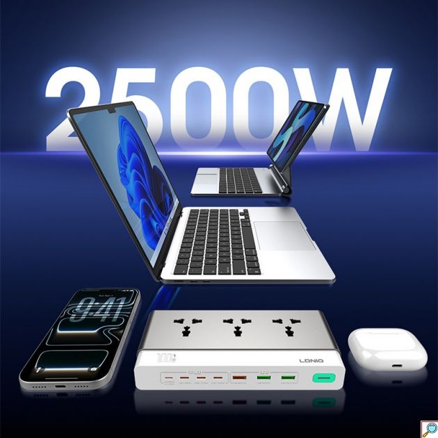 Πολύπριζο & Σταθμός Φόρτισης 100W GaN – 10 σε 1 με 3 Πρίζες - 6 USB, Fast Charging PD & QC4+, Καλώδιο Lightning, Ασφάλεια 2500W