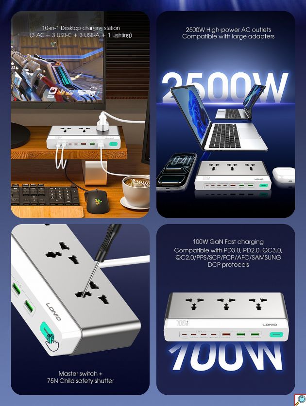Πολύπριζο & Σταθμός Φόρτισης 100W GaN – 10 σε 1 με 3 Πρίζες - 6 USB, Fast Charging PD & QC4+, Καλώδιο Lightning, Ασφάλεια 2500W
