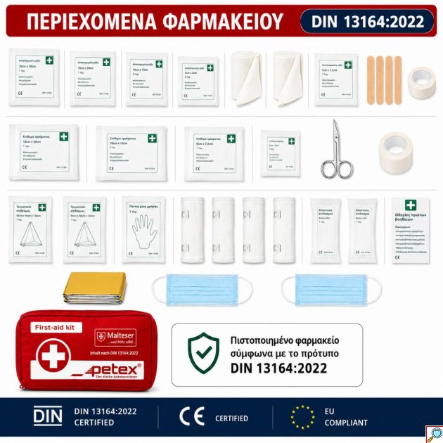Survival Kit & Πιστοποιημένο Φαρμακείο Πρώτων Βοηθειών DIN 13164:2022 – Σετ Έκτακτης Ανάγκης 2 σε 1